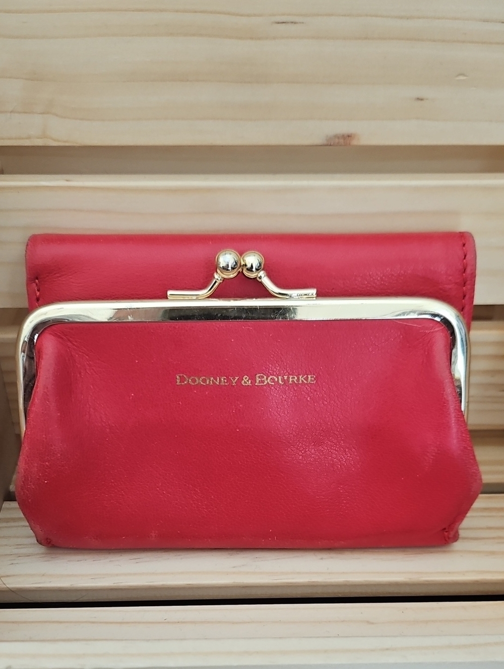 Dooney & Bourke Red Leather Kiss-Lock Coin Purse with Gold Trim